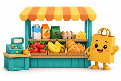 Mercadinho 3D dentro de uma ficha ilustrativa de matemática escolar